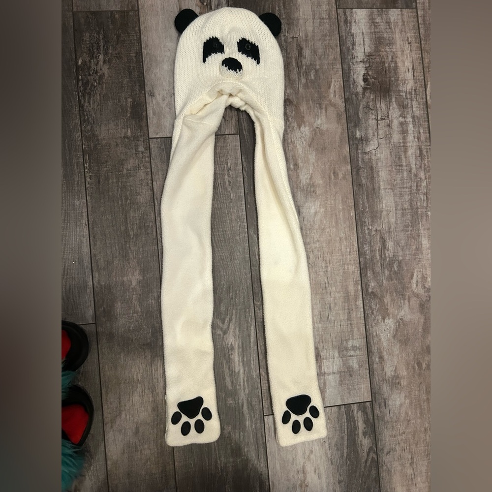 Kid’s White & Black Knit Panda Bear Hat with built-in scarf and mittens